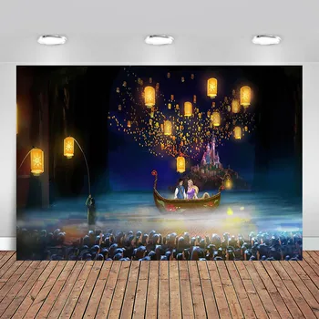 

Sky Lanterns Castle Palace Boat Rapunzel Tangled Princess Backdrop Birthday Party Background for Photo Studio 7x5FT