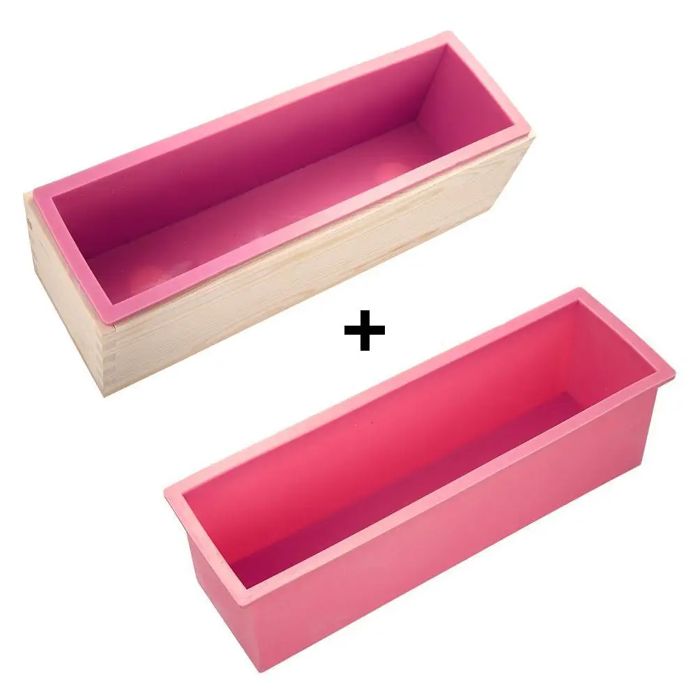 

MeterMall 3PCS Rectangle Soap Mold Set DIY Toast Mold Silicon Pink Box + Wood Box Baking Tool (1.2KG Soap Volume)
