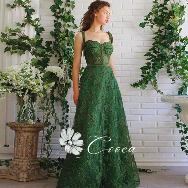 party gown for women Emerald Green Lace Evening Dresses Appliques Spaghetti Straps Evening Gowns Floral Floor-length Party Dresses Long Prom Gowns evening wear