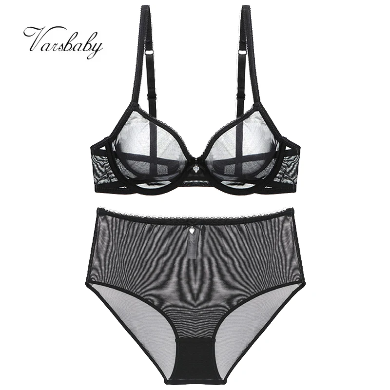 Varsbaby Sexy Ladies See-through Plus Size Bra Low Waist Panties 2Pcs