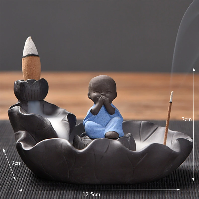 Ceramic Little Monk Lotus Backflow Incense Burner Home Decor Waterfall Aromatherapy Censer Incense Stick Holder+ 10pcs Cones