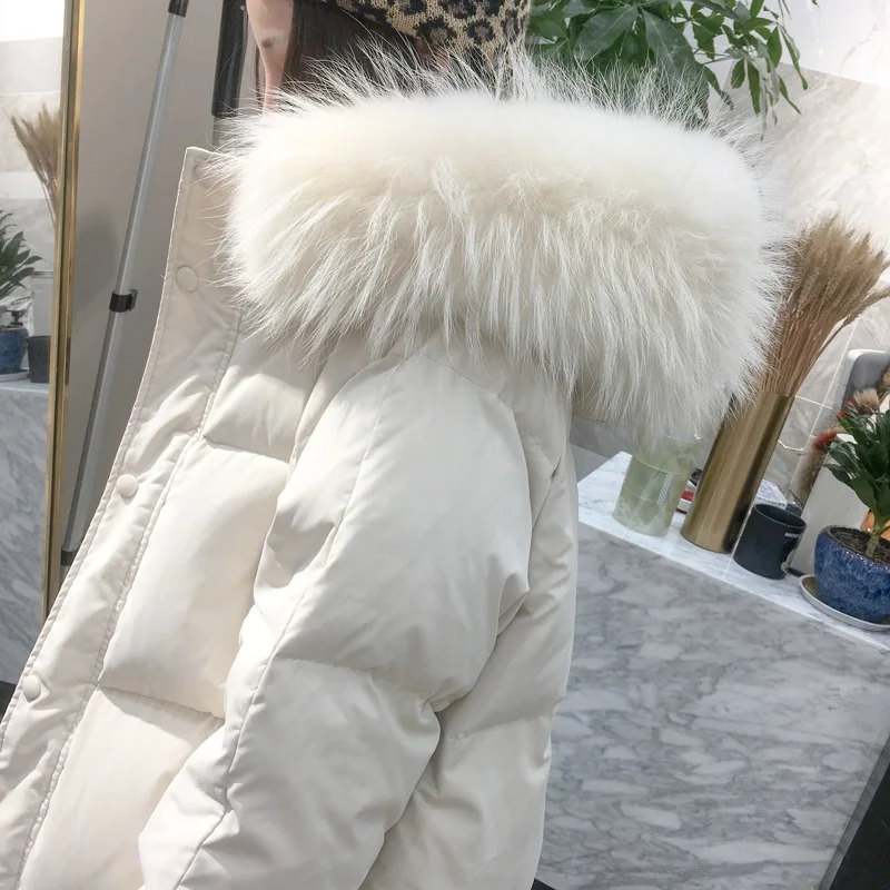 Большой воротник из натурального меха, Женское зимнее пальто, толстый теплый пуховик с капюшоном, пуховик на утином пуху, свободная длинная верхняя одежда, пальто для улицы