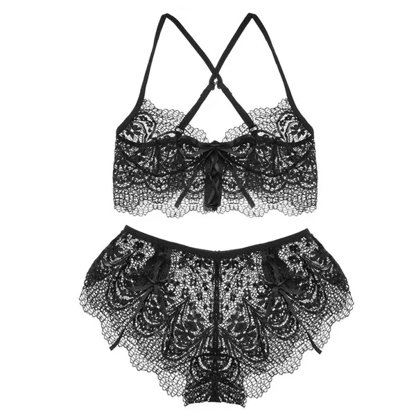 Ultrathin Lingerie Lace Bra Set Transparent G-string Sheer Unpadded Mesh Bralette Bra Sets Women Trim Straps Sexy Deep V Bras - Цвет: Black