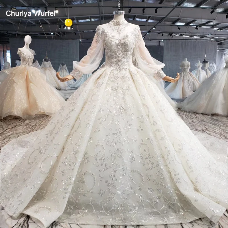 HTL1075 modest wedding dress elegant high neck lace up back crystal bead long sleeve gown luxury suknia ślubna 2020 | Свадьбы и