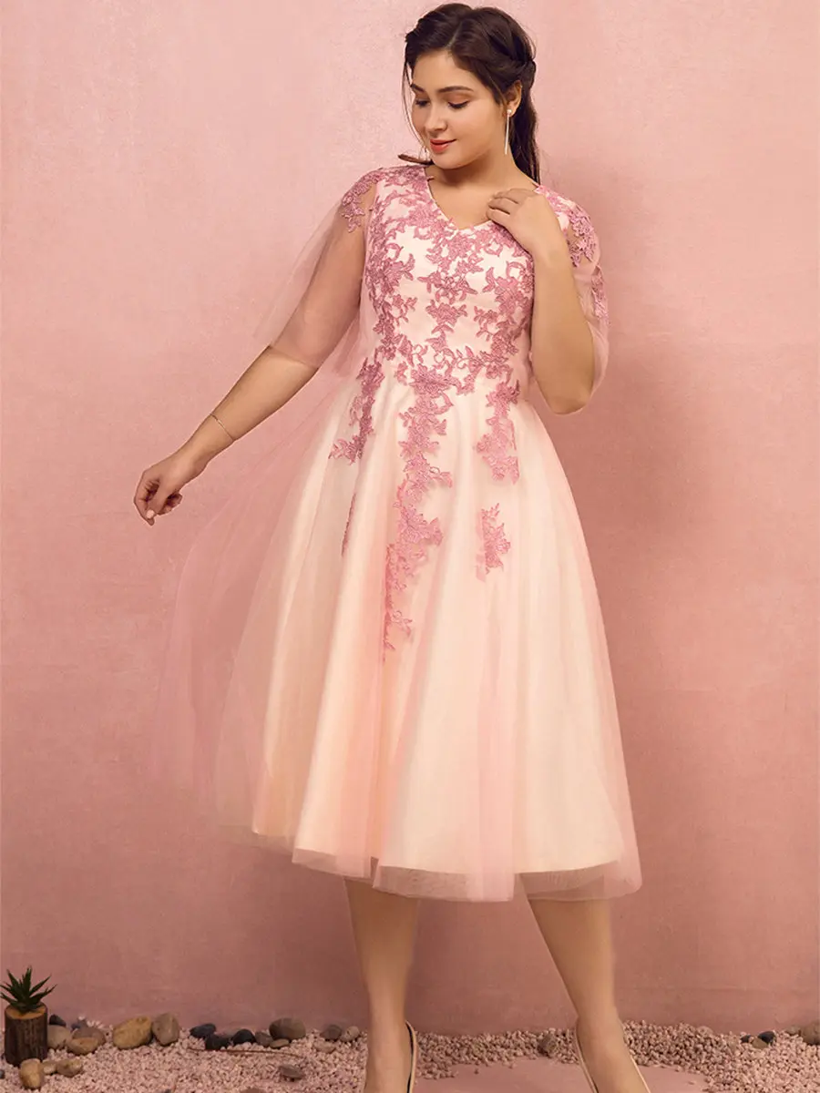 V-neck Prom Gown Half Sleeve A-Line Vestidos De Gala T491 Plus Size Pink Dresses Women Party Night Medium Length Prom Dress