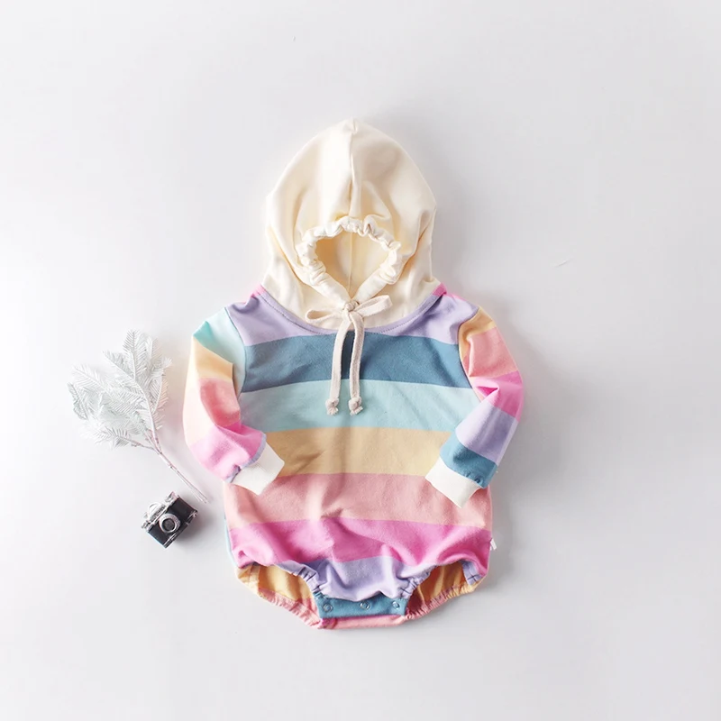 

Autumn Casual Hooded Rainbow Striped Romper For Newborn Baby Infants Toddler Kids Boys Girls Playsuit Jumpsuit Outwear S9675