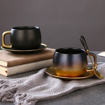 

Simple Ceramic coffee cup saucer set gradient golden coffee cup afternoon tea cup set Latte Coffee Milk Cups