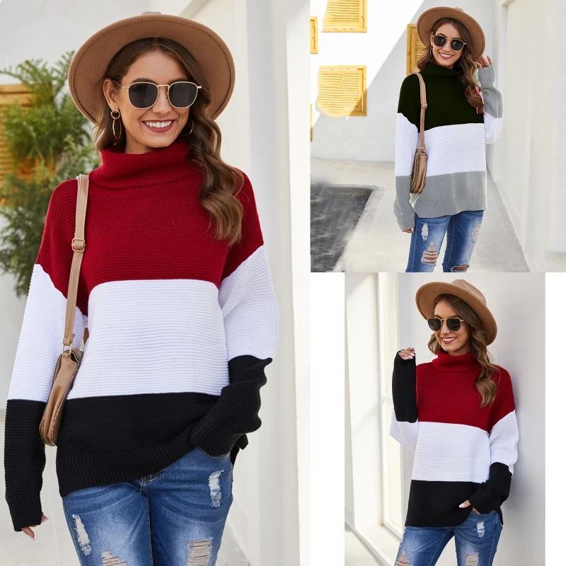 

Women Autumn Winter Long Sleeves Turtleneck Sweater Stitching Color Pullover