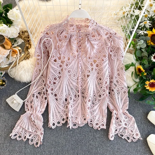 pink Neploe, Ретро стиль, дизайнерская блуза со стоячим воротником и оборками, открытая блуза с одной грудью, Однотонная рубашка, осень-весна, новинка 48023 - Цвет: pink