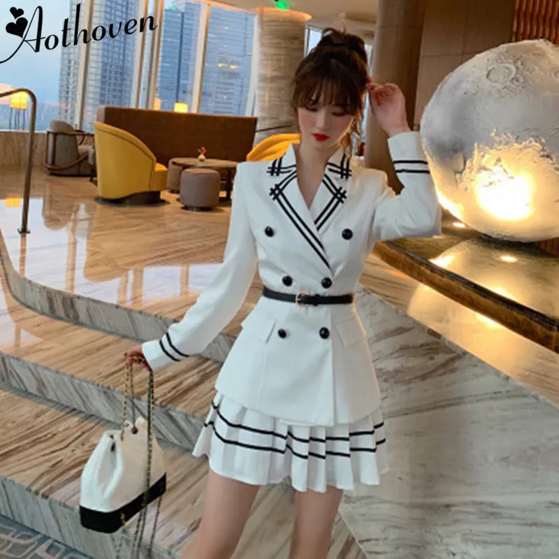 2 Piece Set Autumn Vintage Women Suit Sweet White Full Sleeve Suit Top and Pleated Skirt Office Two Piece Set Elegant Vestidos