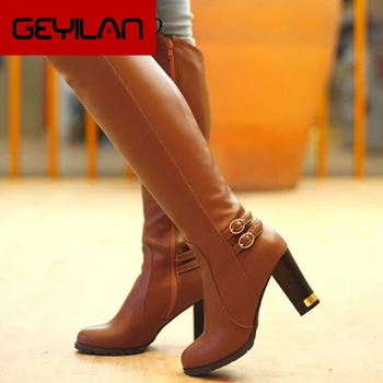 

Women's Boots High Boot PU Leather Winter Snow Boot Knee High Boots For Plus Size Women 8cm High Heel Rubber Sole Girl Shoes