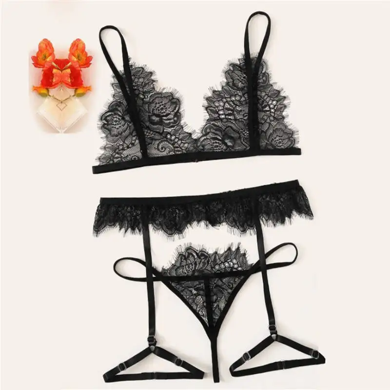 

Lingerie Sexy Bra Set Fashion Women Lace Black Lingerie Sexy V-Neck Sling Bra Underwear Thong With Garter Sets Lenceria 661BRS10