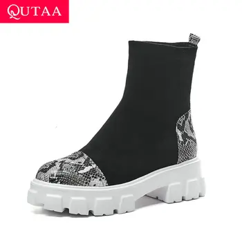 

QUTAA 2020 Elegant Women Shoes Round Toe Genuine Leather+PU Square Med Heel Autumn Winter Casual Ankle Boots Big Size 34-39