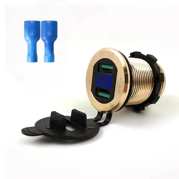 

9V 12V 18W Car Charger Charge Socket QC3.0 USB Port LED Volt Display for Phone Tablet NavigatoGold Shell Blue Lamp