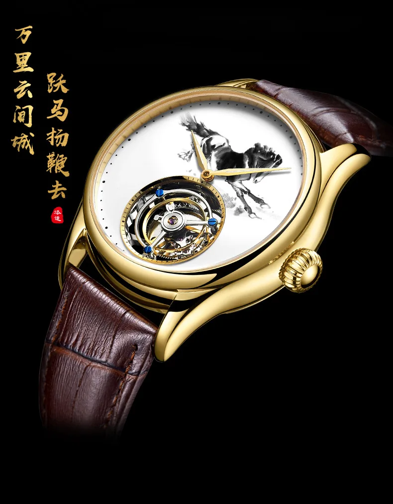 Бренд Топ мужские часы tourbillon механические полые мужские часы трендовая живопись чернилами все стальные Роскошные креативные популярные мужские часы