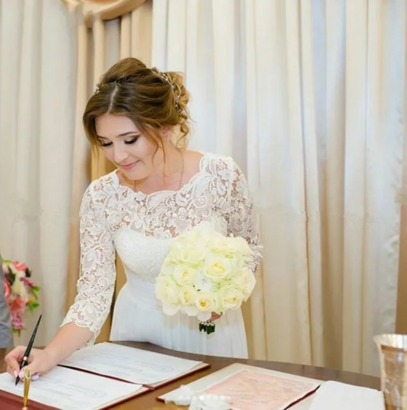 JIERUIZE Vestido De Noiva Свадебные платья с высоким разрезом, 3/4 рукава, круглый вырез, кружевные свадебные платья, шифоновые платья с открытой спиной для невесты