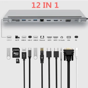 

12 in1 USB Type C HUB to 3.0 USB SD/TF Card Reader HDMI RJ45 USB HUB for MacBook Pro Splitter Multi usb hub PD Fast charging