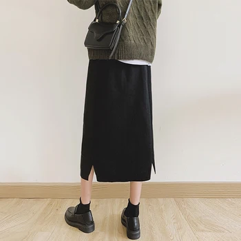 

Spring Autumn women knitting skirt 2019 Womens knit Retro Elasticated waist High Waist Split Midi Knitted Skirt female