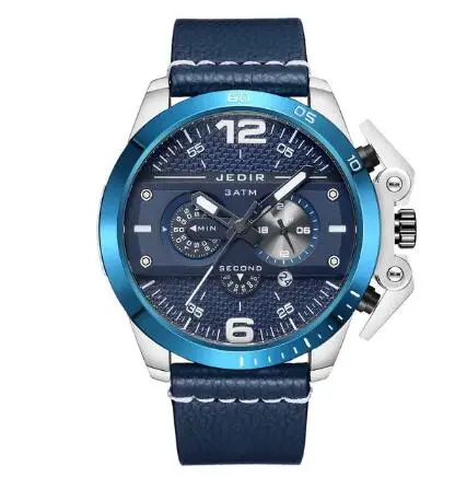 Large Dial Personality Men's Quartz Chronograph Watches Blue Leather Strap Fashion Sports Watches Male Clock Relogio Masculino - Color: Blue