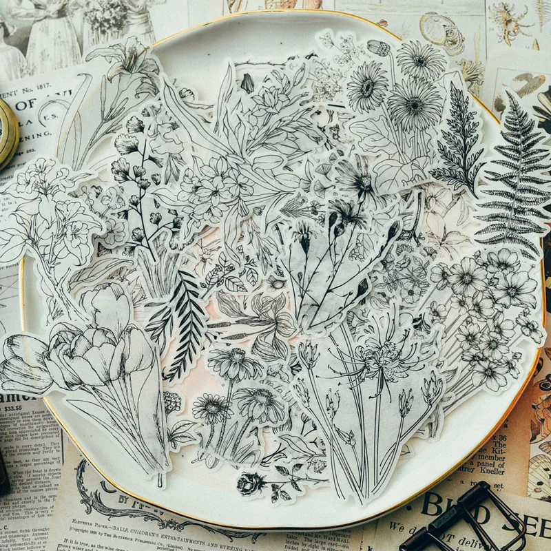 58 шт. черно белые винтажные бумажные наклейки с цветами из веллума высеченные для