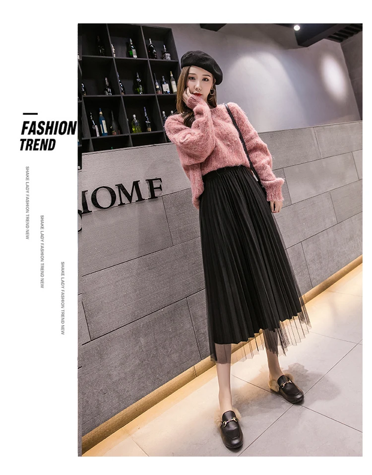 Korean Vintage Winter Tulle Skirts Elastic Waist Patchwork Pleuche Gauze Long Pleated Tulle Skirts Women Midi Tulle Skirt