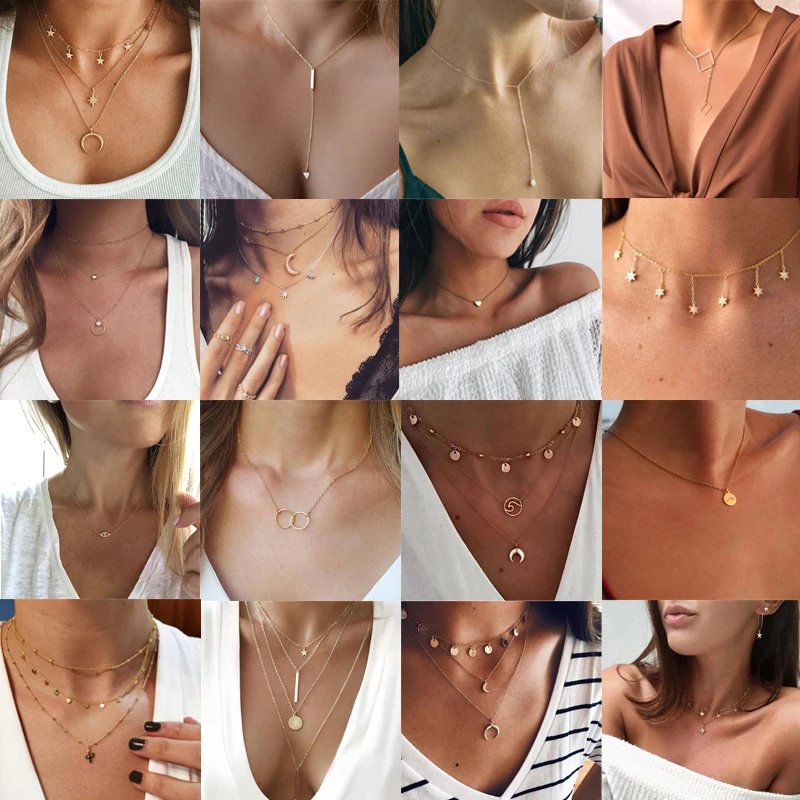 

Bohemian Moon Star Pendant Necklace Women Vintage Multi Chain Layered Necklace Choker Gothic Eye Heart Geometric Collares Colar