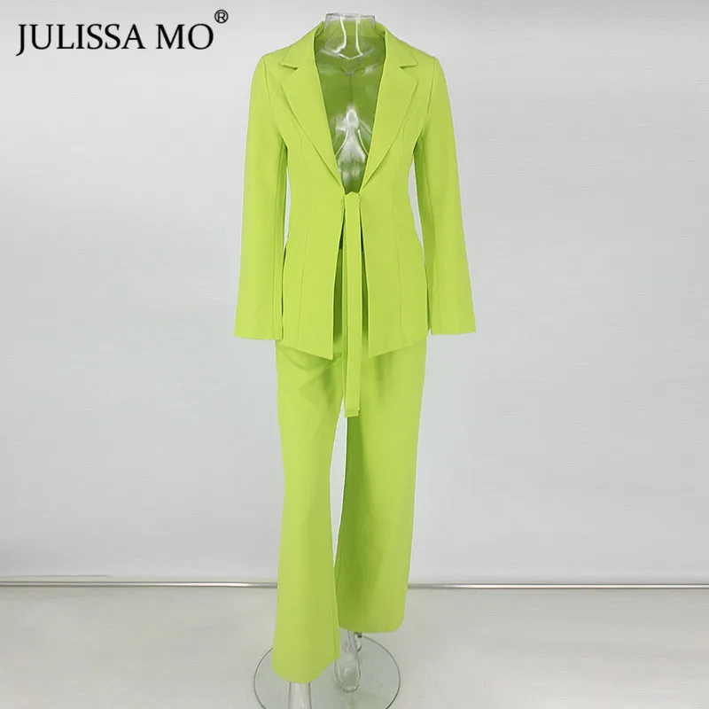 green Julissa mo розовый Офис Леди Блейзер Костюмы для женщин осень зима из двух частей куртка длинные брюки комплект мода на шнуровке бизнес наряды - Цвет: green