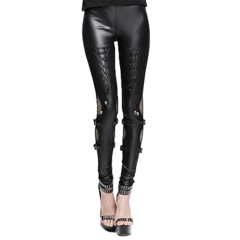 

Devil Fashion Women Punk Style Pu Leather Pants Sexy Hollow Out Mesh Slim Spliced High Waist Pencil Pants