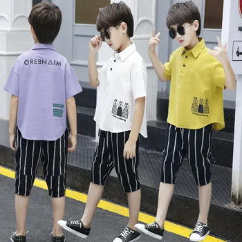 

2020 New Exclusively ChildrenClothing Boys Summer Suit Models Cartoon Print Shirt Striped Shorts Popular Fashion Korean Clothes