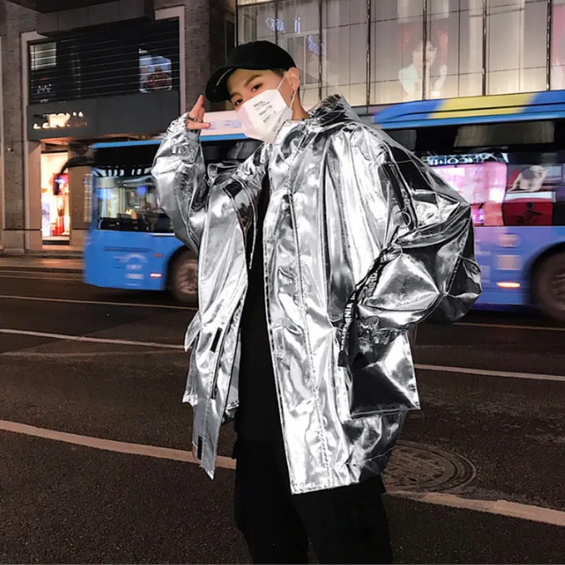 Harajuku мужская Повседневная Свободная куртка с капюшоном уличная хип-хоп верхняя одежда пальто Мужская сценическое шоу серебряное Золотое печатное мешковатое пальто