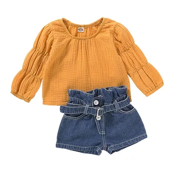 

Baby Girls Clothes Set Solid Color Long Sleeve T-Shirt Heart + Solid Color Denim Shorts Set For Girls