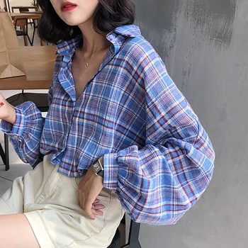 

New Korean Style Blue Lapel Lantern Sleeve Shirt Loose Casual Plaid Pattern Women's Blouse Off Season