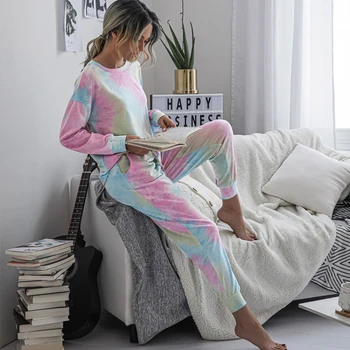 

Casual Pajamas 2 Piece Sets Women Autumn Tie Dye Print O Neck Long Sleeve Tops+Loose Elastic Waist Pencil Pants Femme Tracksuits