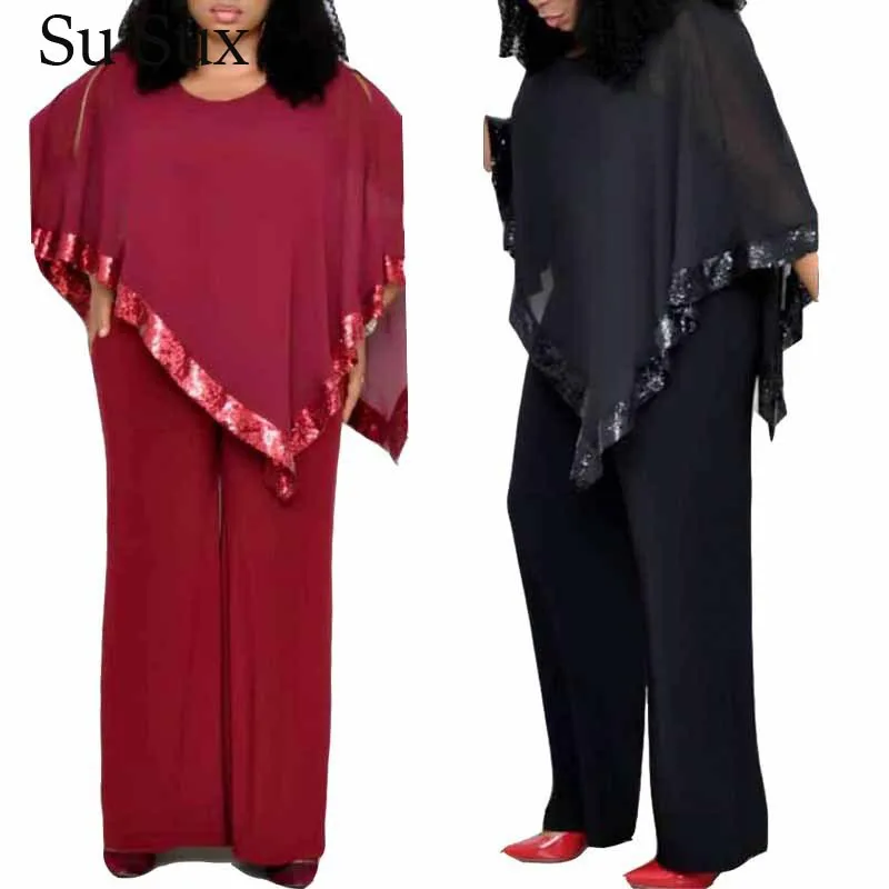 Chiffon Jumpsuit Women Rompers O-Neck Zipper Plus-Size Loose Pants Sequins Wide-Leg Vestidos