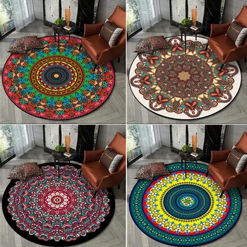 

Bohemian Multicolor Mandala Flower Ethnic Style Living Room Bedroom Hanging Basket Chair Round Non-slip Floor Mat Carpet