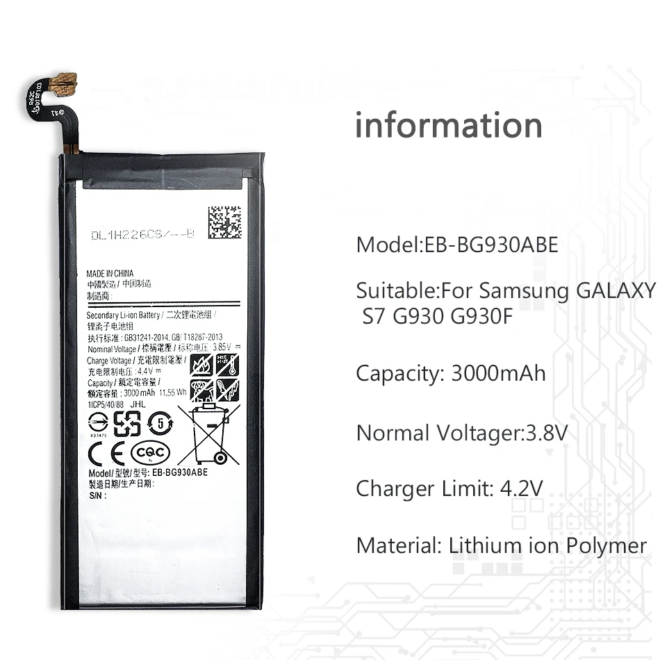 Высокое качество 3000 мАч EB-BG930ABE аккумулятор для samsung GALAXY S7 G9300 SM-G9300 SM-G930 G930 G930F литий-полимерный аккумулятор