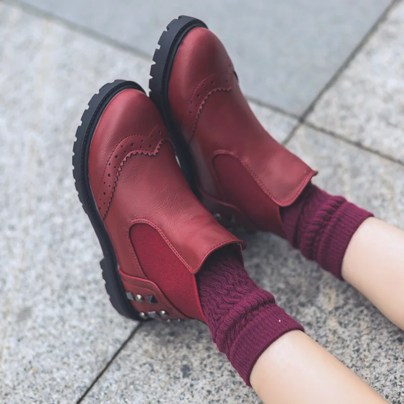 Autumn Winter Girls Short Boots PU Leather Lace Rivet Decoration Fashion Martins Boots Slip-on Casual Ankle Shoes Size 26-37