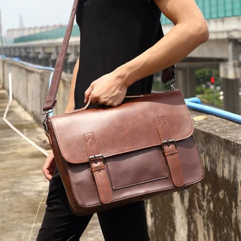 

New Briefcase Business Bag PU Leather Single Shoulder Messenger Large Capacity Retro Men's Waterproof Handbag Wholesale