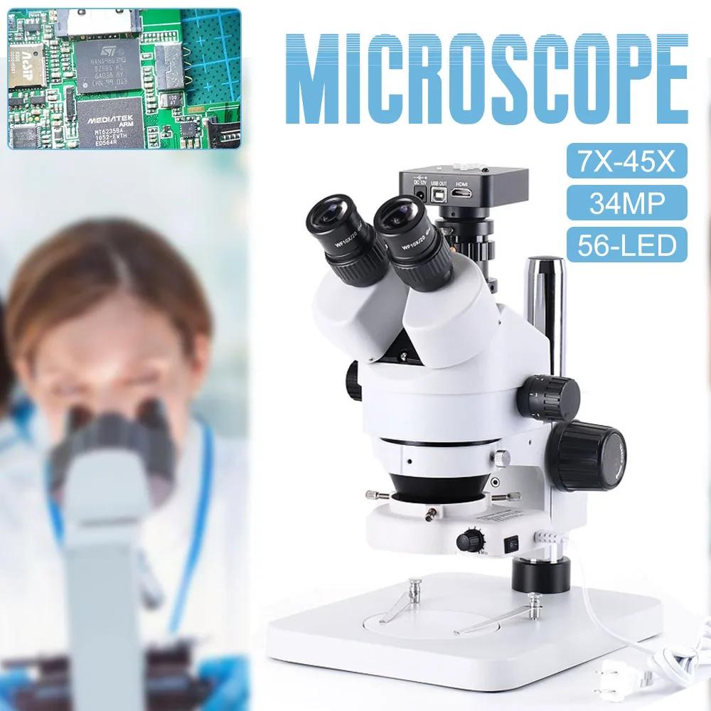 

34MP 2K HD USB Microscope Camera with 56 LED Light Trinocular Stereo Microscope Zoom 7X-45X Repair Microscope For PCB Soldering