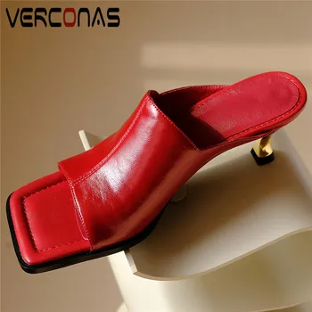 

VERCONAS 2020 Working Shoes Woman Sandals Woman Pumps Classic Design Genuine Leather Summer Square Toe Thin Heeled Shoes Woman
