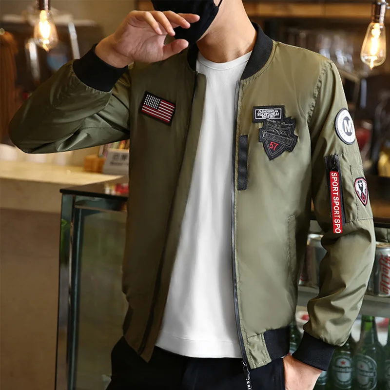 

Bomber Patterning Jacket with Patches 2019 Man Pilot Green streetwear Pilot Jackets Thin Male Wind Breaker Jacket Mans Coat