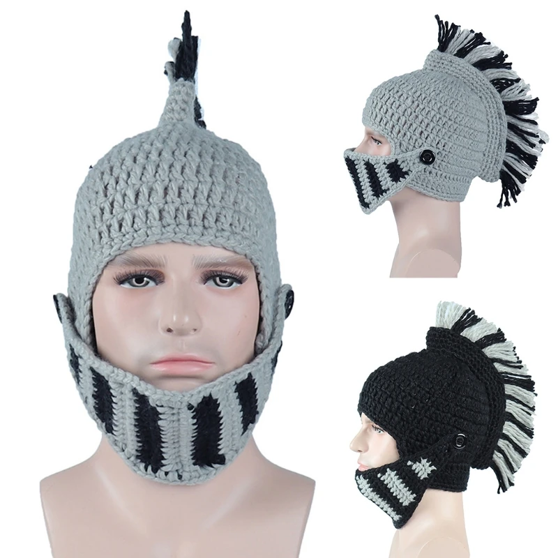 Funny Knit Roman Knight Helmet Hat Tassel Barbarian Earflap Skull Cap with Mask F3MF | Аксессуары для одежды