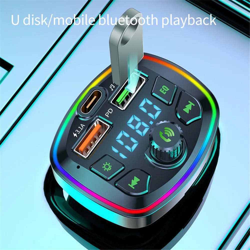 차량용 블루투스 5.0 충전기 FM 송신기, PD 18W, C타입 듀얼 USB 3.1A, 다채로운 주변광 담배 라이터, MP3 음악 플레이어