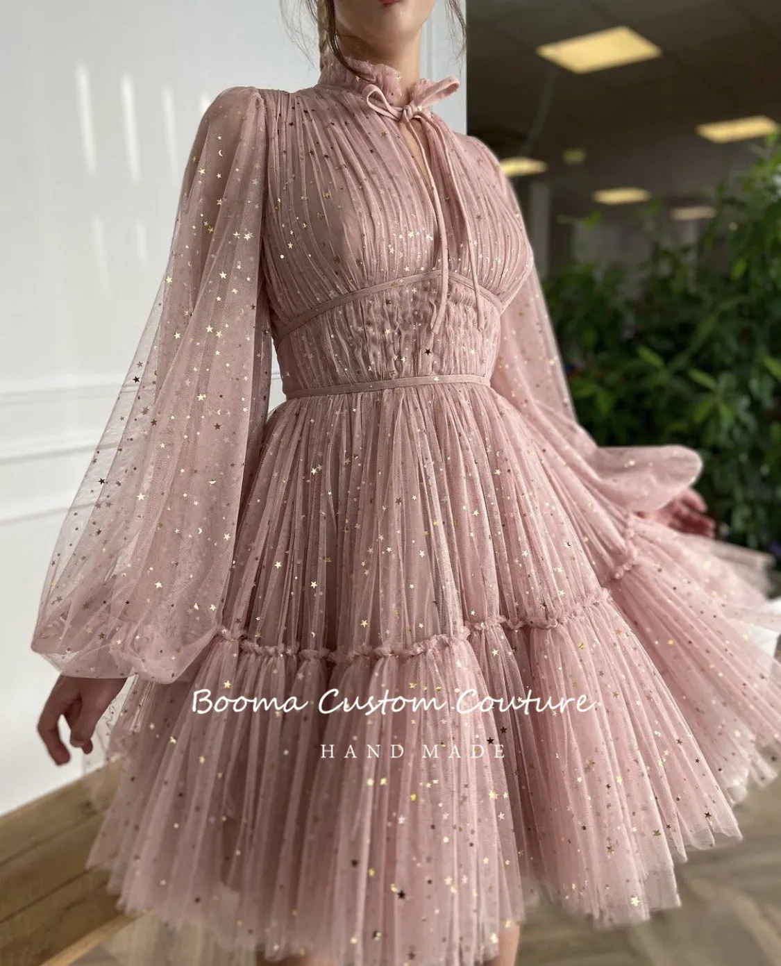 Pink Starry Tulle Mini Prom Dresses 