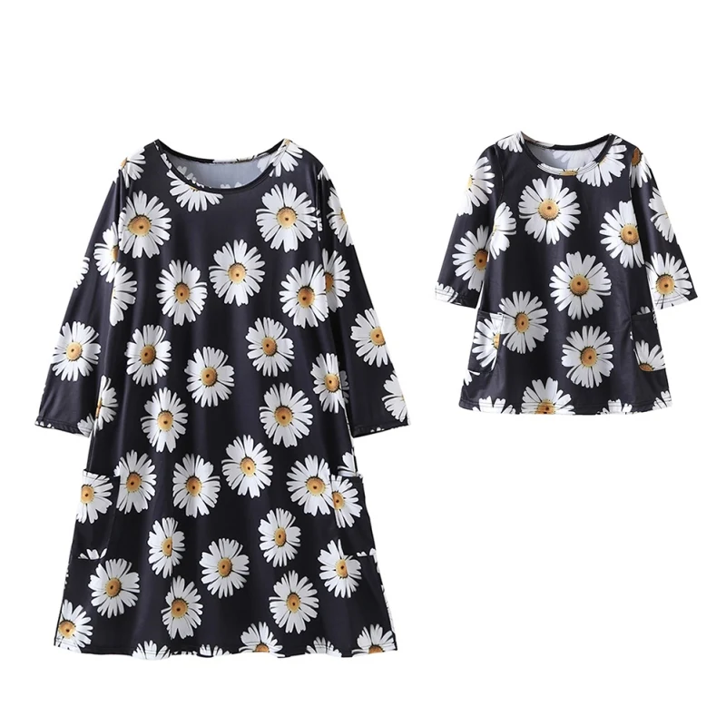 Новое осеннее платье с длинными рукавами и принтом хризантем одинаковая семейная одежда для мамы и ребенка