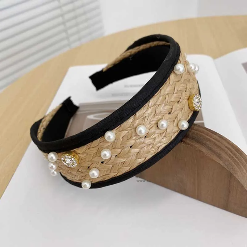 

Women Straw Weaving Knotted Headband Bohemian Wide Cross Knot Hair Bands Imitation Pearls Handmade Hair Accessories