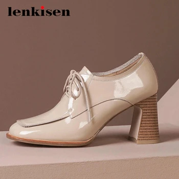 

Lenkisen european style real leather high street fashion round toe thick high heel lace up beauty lady dress women pumps L5f1