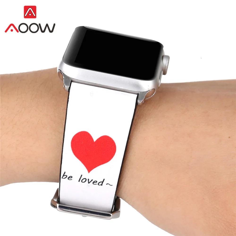 Ремешок для часов из натуральной кожи для Apple Watch 4, 5, 38 мм, 42 мм, 40 мм, 44 мм, с принтом сердца, мужской, женский браслет, ремешок для iwatch 1, 2, 3