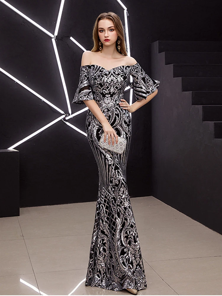 

Lotus leaf sleeve Off-Shoulder Cocktail Dress Gold Sequins Embroider Elegant Mermaid Silver Party Prom Celebrity Gowns Vestioes