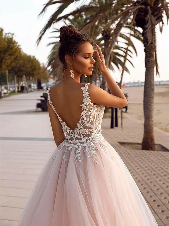 IvoryBlush V neck Appliques Lace Tulle Backless Beach Wedding Dresses 2020 Bridal Wedding Gown Vestido De Novias свадебное платье (3)